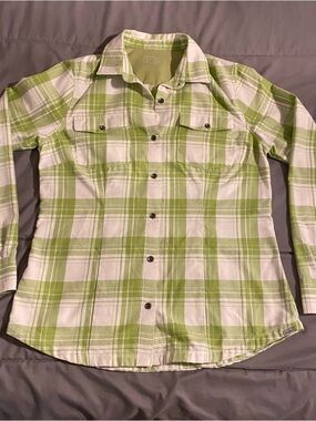 Eddie Bauer Light Green and White Plaid Flannel Button-Down Shirt